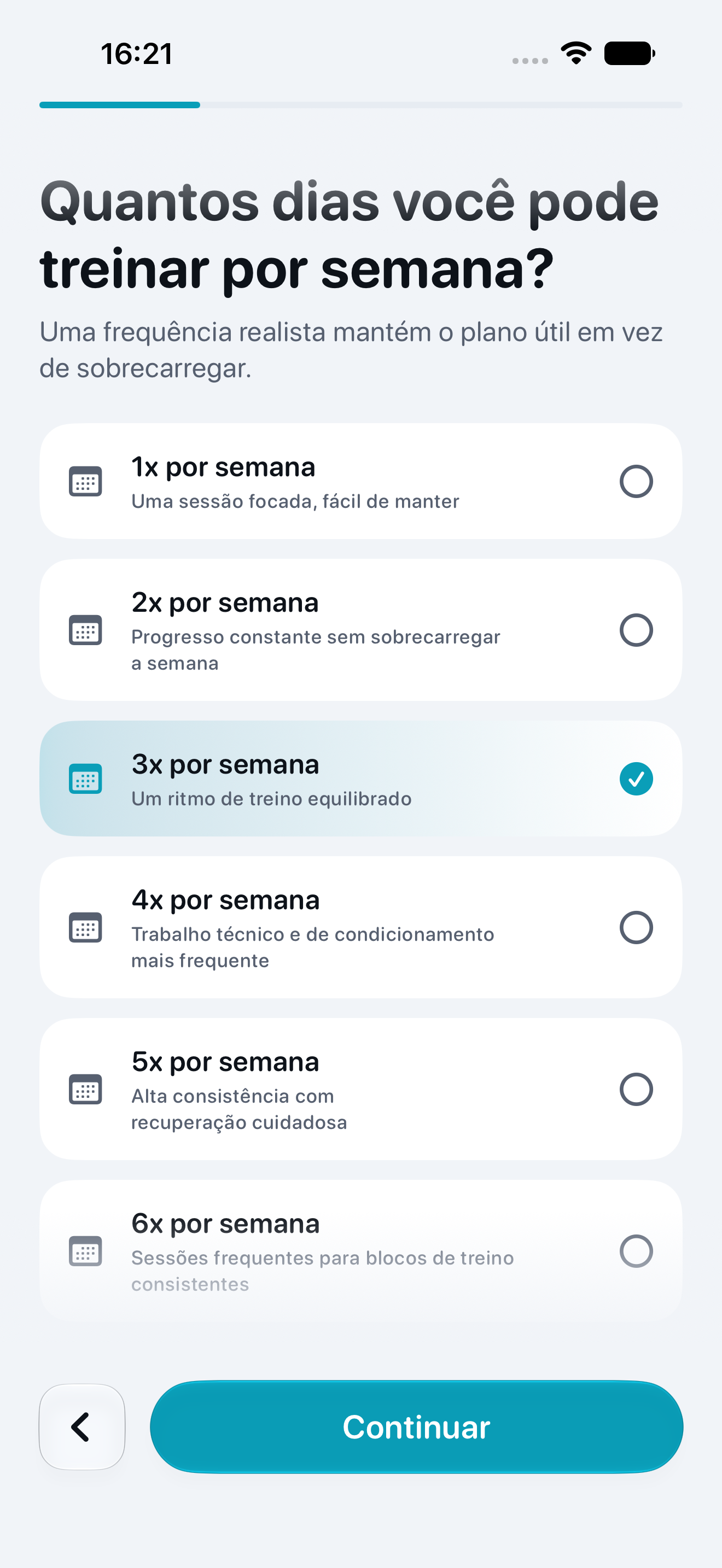 Tela do Dee para escolher os dias de treino da semana