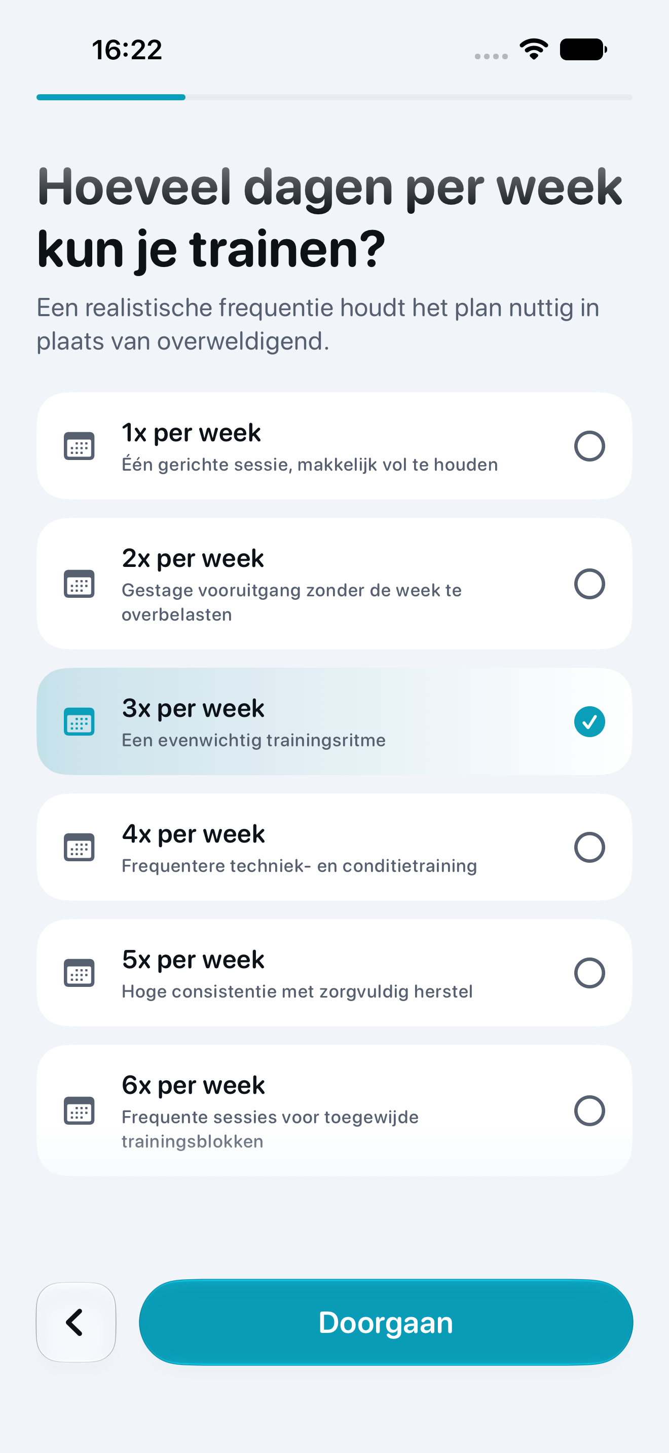 Dee-scherm om wekelijkse trainingsdagen te kiezen