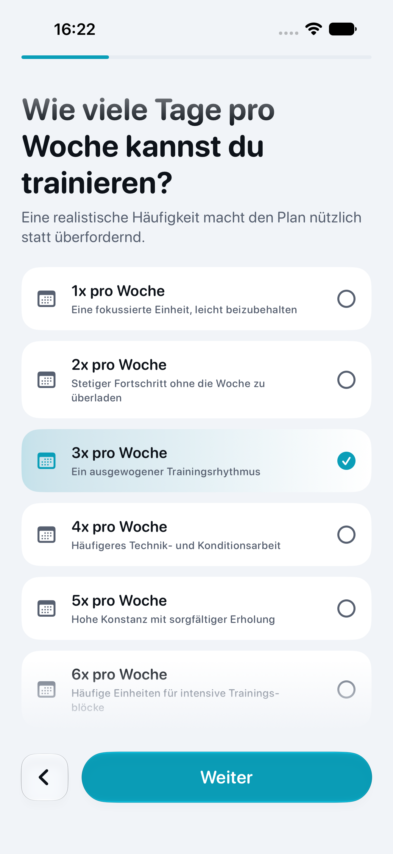 Dee-Bildschirm zur Auswahl der wöchentlichen Trainingstage