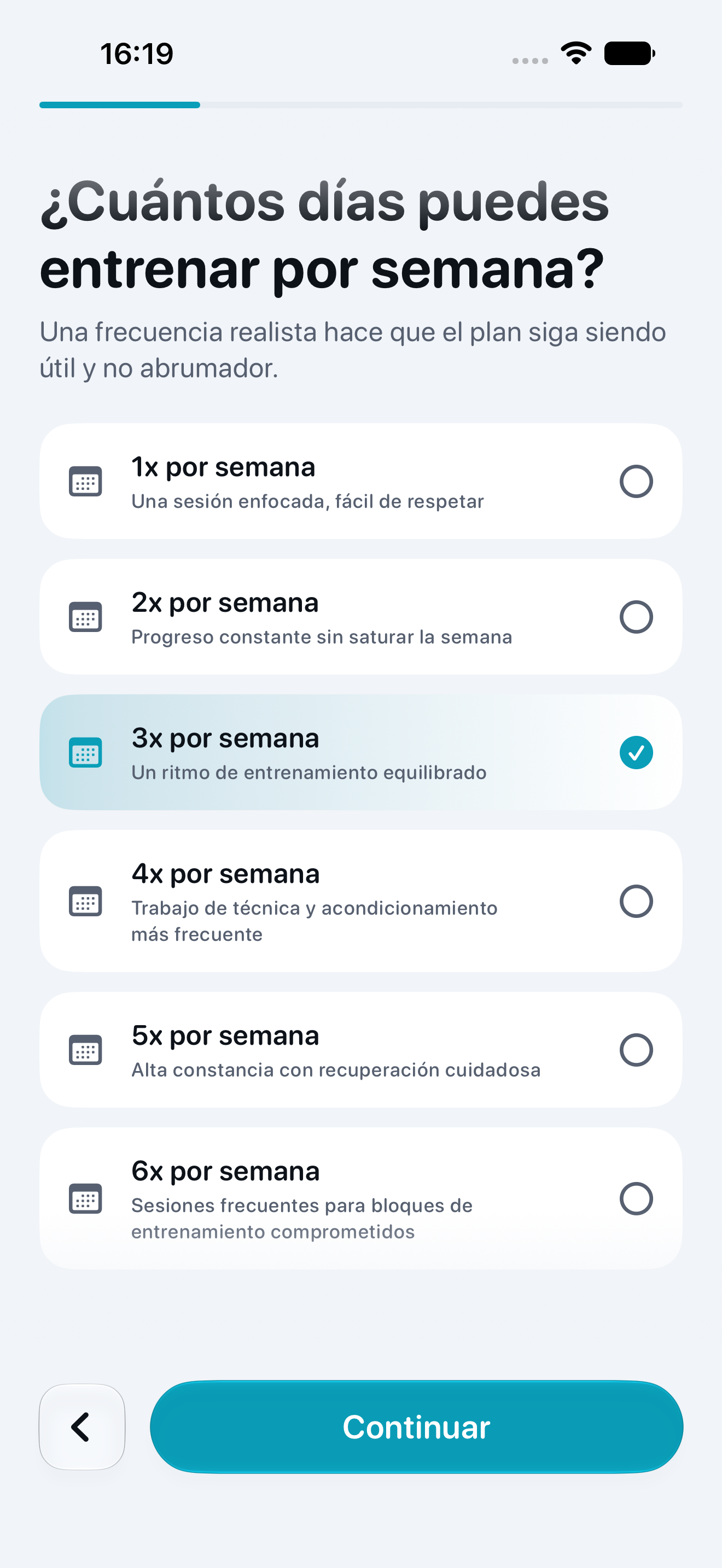 Pantalla de Dee para elegir los días semanales de entrenamiento