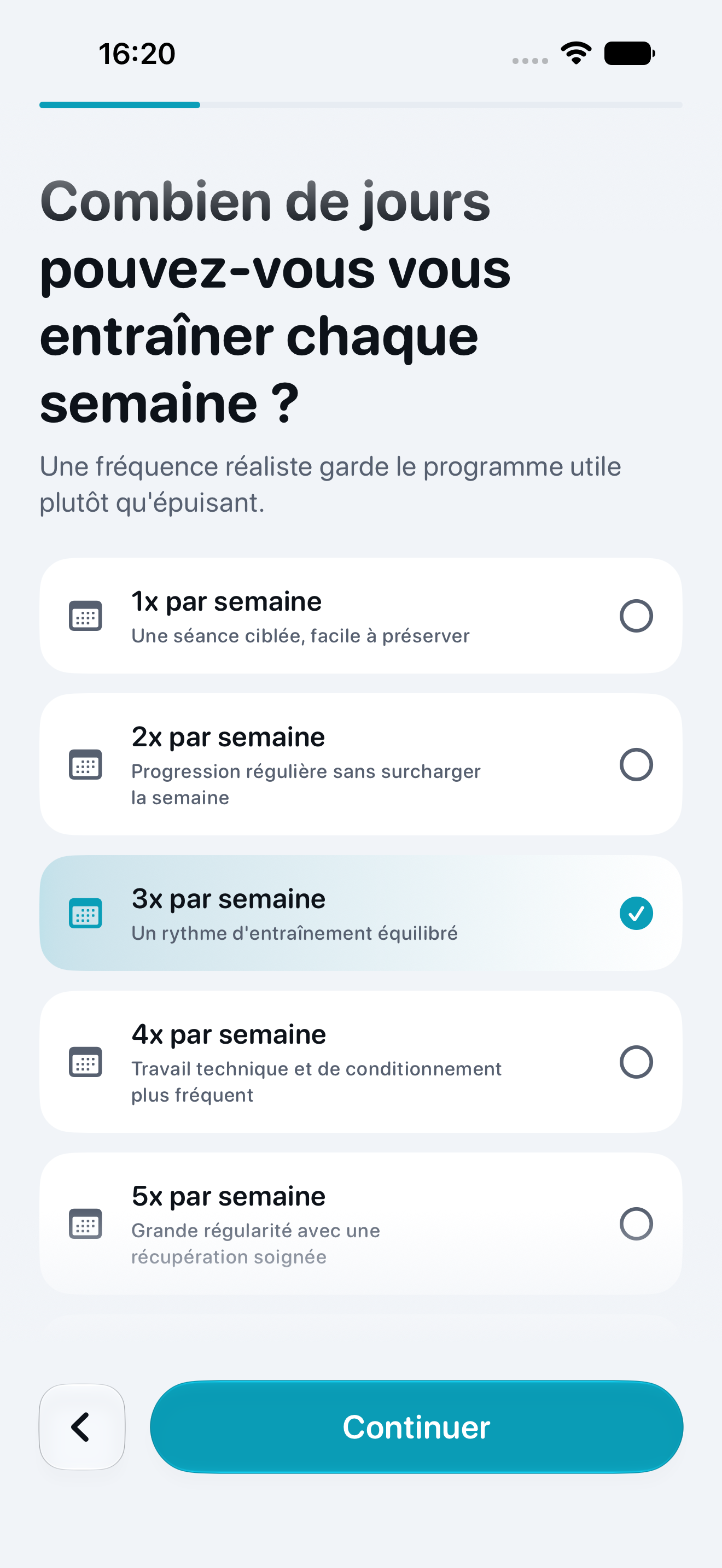 Écran Dee pour choisir les jours d'entraînement de la semaine