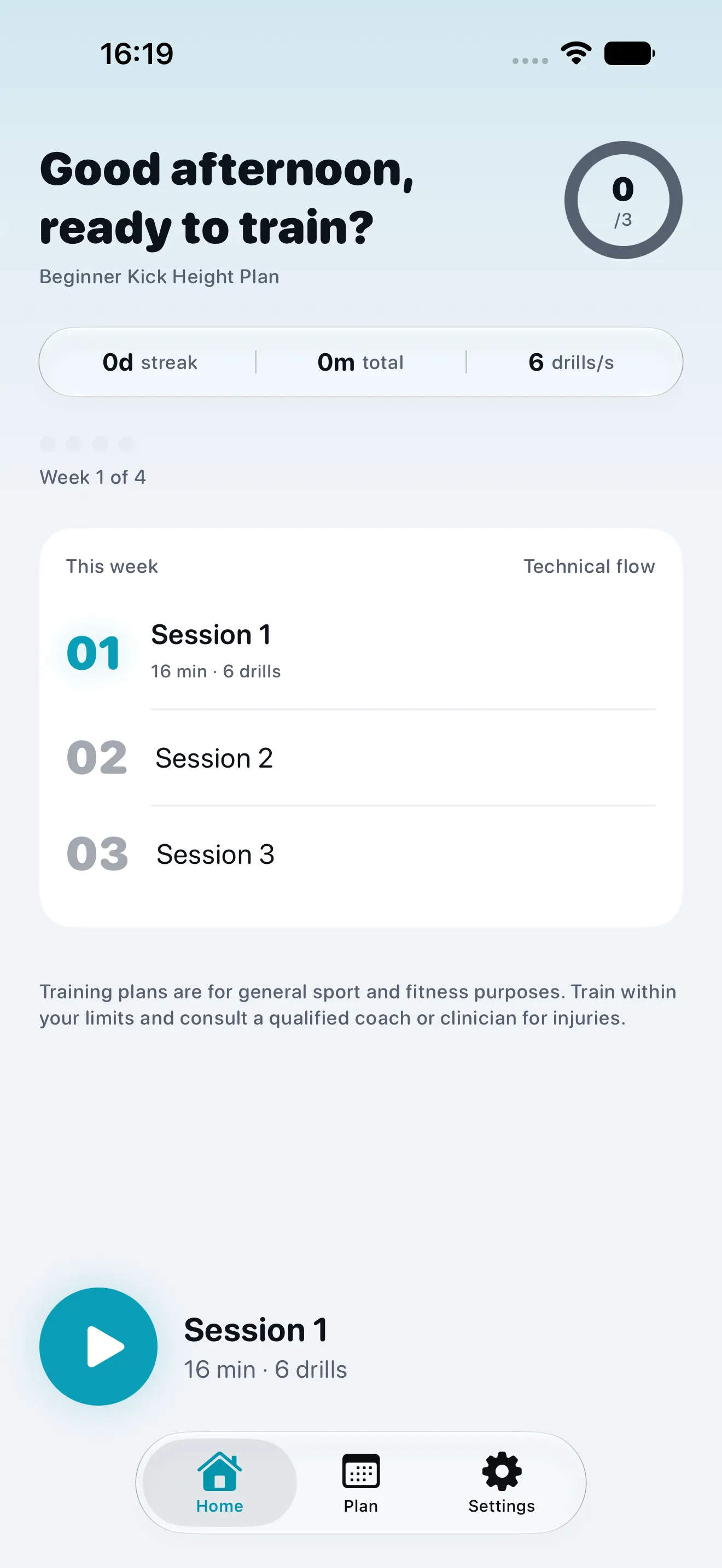 Dee home screen showing a weekly Muay Thai training plan