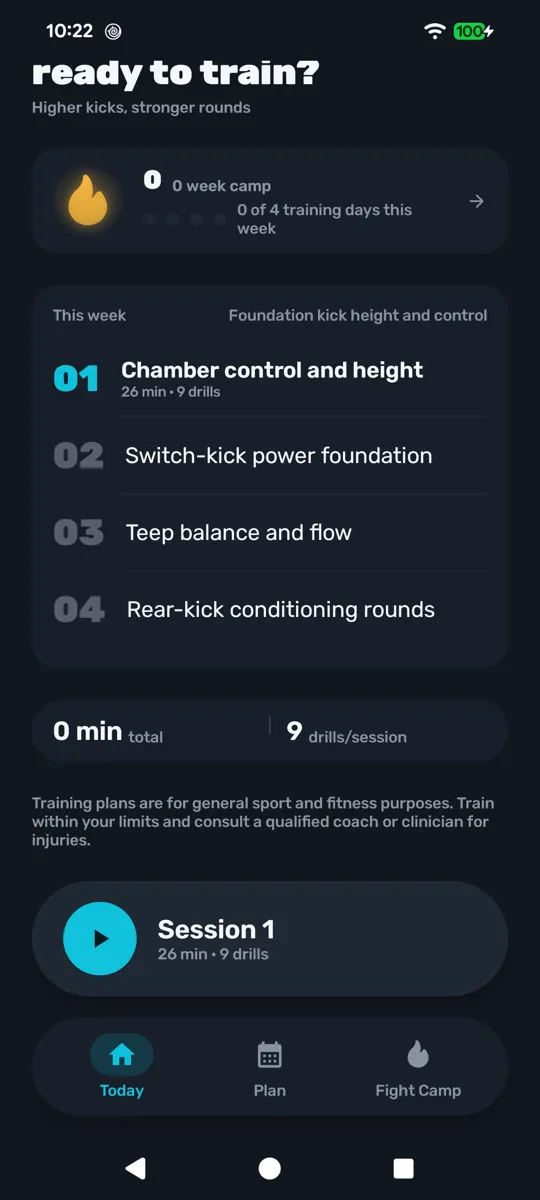 Dee on Android: a weekly training plan with kick drills and a button to start the next session.
