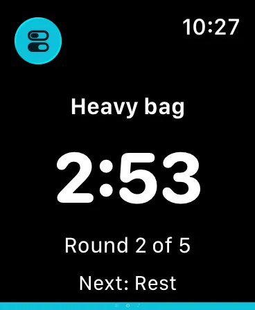Dee on Apple Watch: a heavy bag workout with a 2:53 timer, round two of five, and rest next.